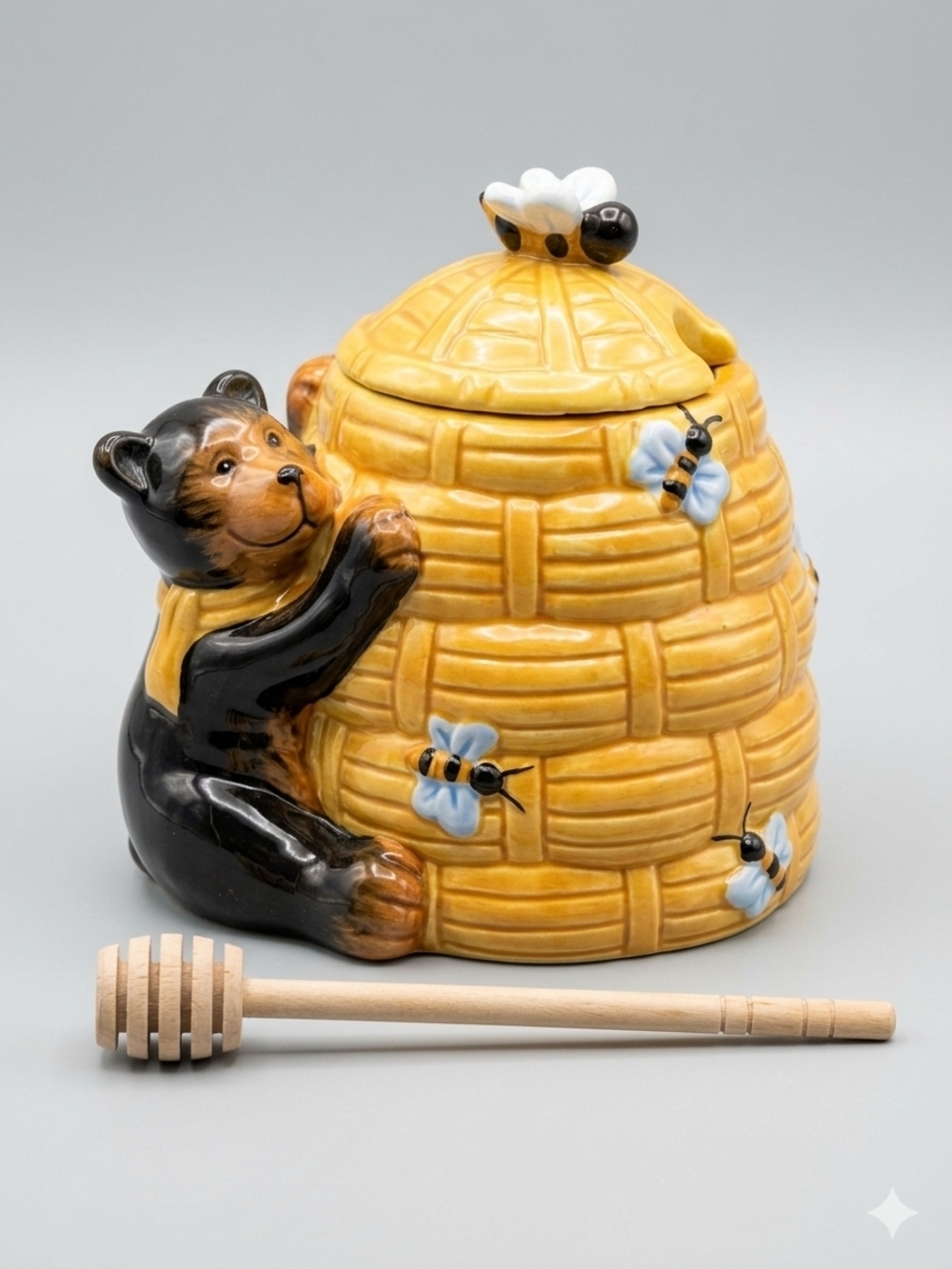 Cracker Barrel Honey Jar with Wooden Dipper - Yellow 4.5" × 6"